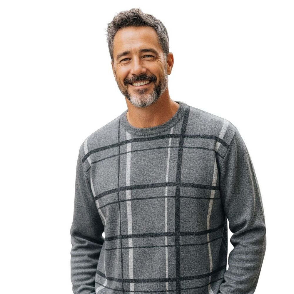 Hathaway Platinum Men's Gray Plaid 100% Italian Cashmere Crewneck Sweater XL